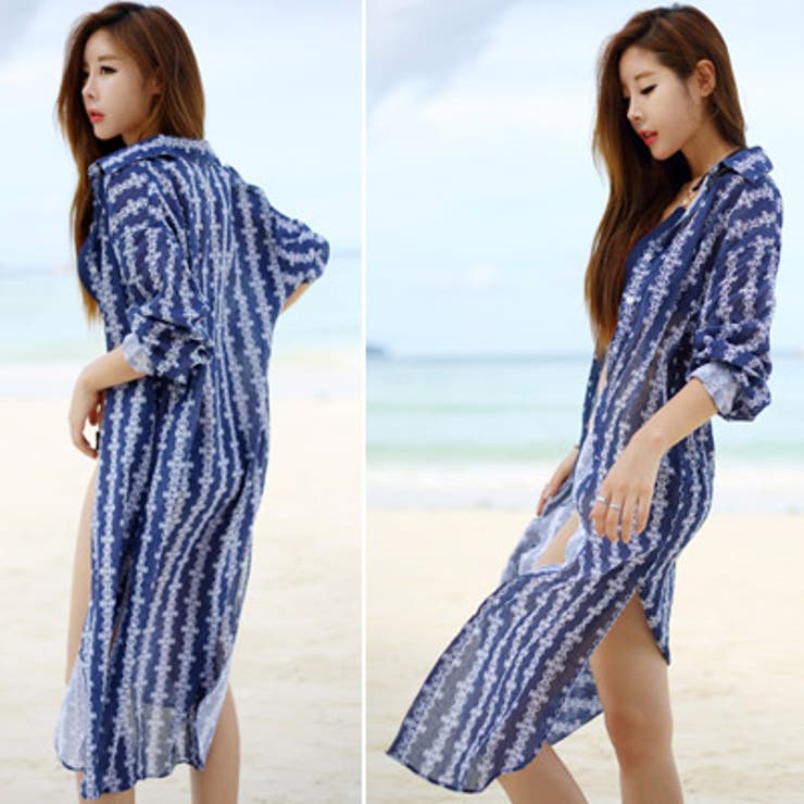 涼しげな素材感で夏にぴったり♪ジュエリーストライプロングシャツ | KawaiCat | 詳細画像3 