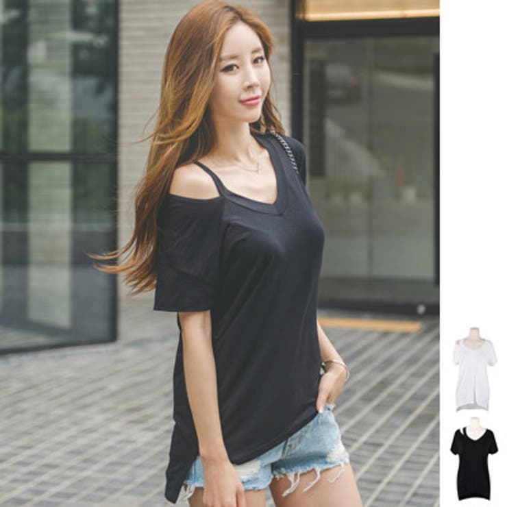 【 】ショルダーロゴTシャツ★国内発関税込 カジュアルながらセクシーな魅力溢れる♪ショルダーカット半袖T
