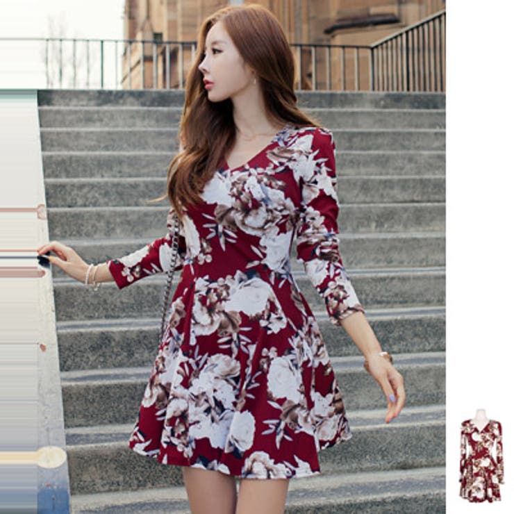 アンティーク調の花柄がポイント♪Vネックラップデザイン花柄長袖フレアミニワンピー… | KawaiCat | 詳細画像1