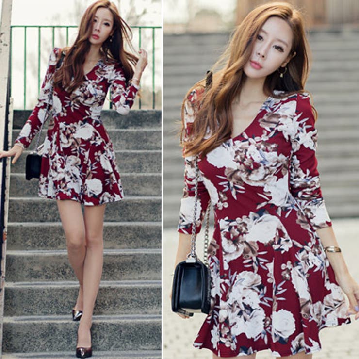 アンティーク調の花柄がポイント♪Vネックラップデザイン花柄長袖フレアミニワンピー… | KawaiCat | 詳細画像3