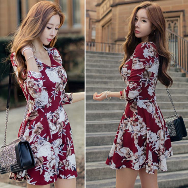 アンティーク調の花柄がポイント♪Vネックラップデザイン花柄長袖フレアミニワンピー… | KawaiCat | 詳細画像4