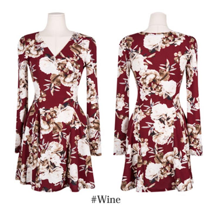 アンティーク調の花柄がポイント♪Vネックラップデザイン花柄長袖フレアミニワンピー… | KawaiCat | 詳細画像7