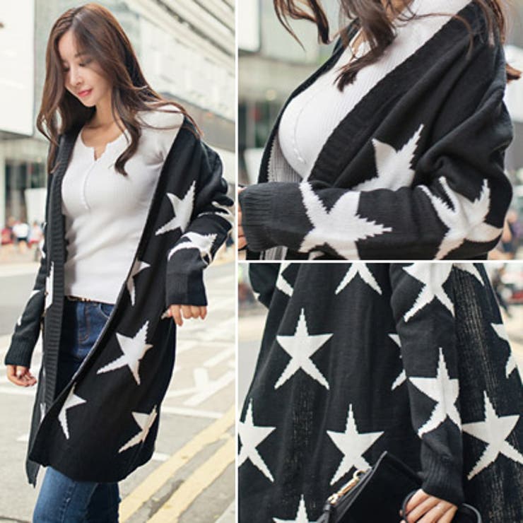 カジュアルに洗練された白黒星柄デザイン♪モノクロスターニットカーディガン | KawaiCat | 詳細画像2 