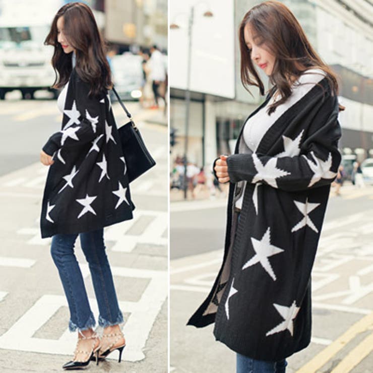 カジュアルに洗練された白黒星柄デザイン♪モノクロスターニットカーディガン | KawaiCat | 詳細画像4 