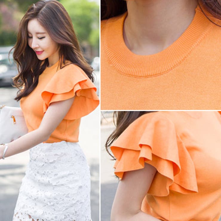 フリル袖デザインで腕のラインをスリムに演出♪フレンチフリル半袖