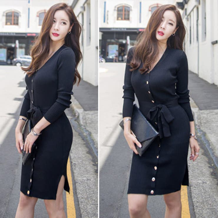 ウエストリボンでくびれを強調♪サイドスリットVネック長袖ニット