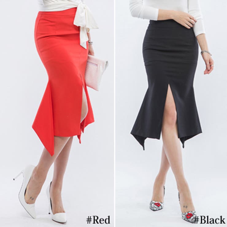 sk17996】揺れる裾がフェミニン♪マーメイドスリット膝丈スカート[品番