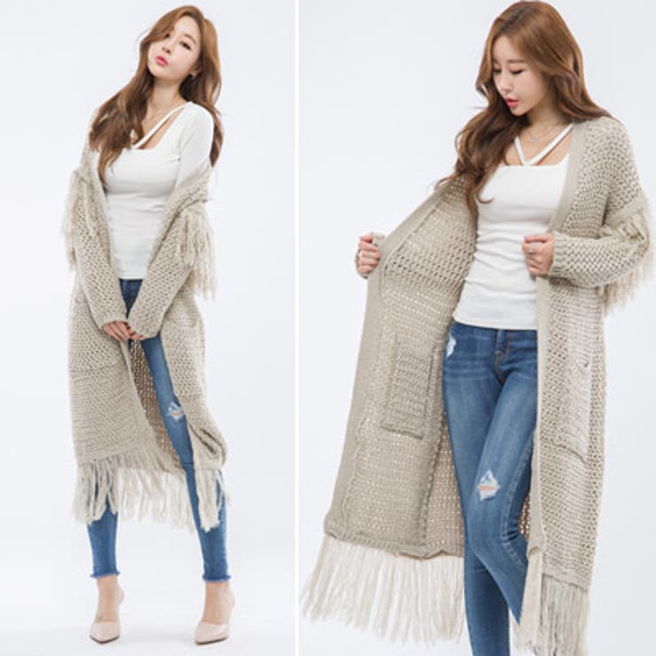 【jk18000】ユニークながらも洗練されたデザイン♪フリンジロングニットカーデ… | KawaiCat | 詳細画像3 