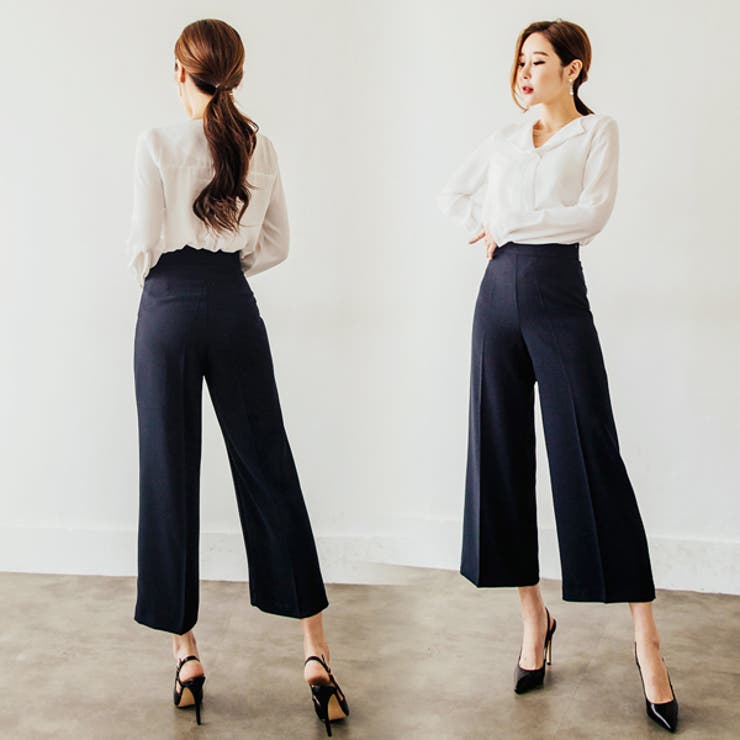 パンツレディースボトムスワイドパンツスラックスセンタープレスハイウエスト9分丈アンクル丈カラー豊富きれいめ春