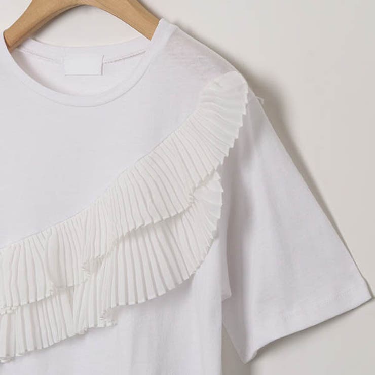 トップスレディース半袖tシャツカットソーラウンドネックフリルユニークスタイリッシュ春夏ブラックホワイト
