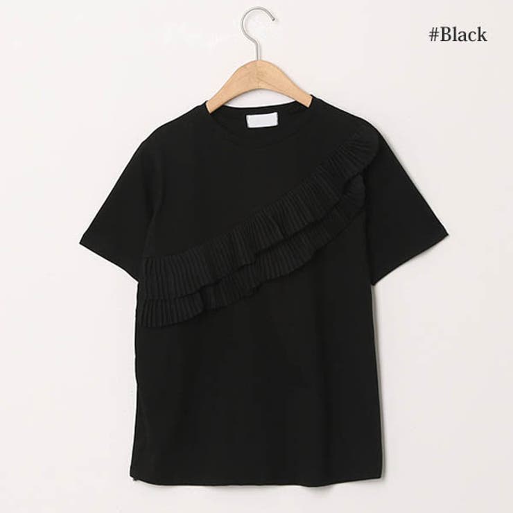 トップスレディース半袖tシャツカットソーラウンドネックフリルユニークスタイリッシュ春夏ブラックホワイト