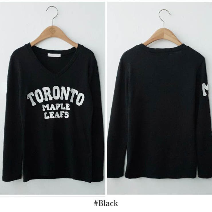 ロンTレディース長袖トップスカットソーVネックロゴ刺繍英字カレッジタイトスリムカジュアルデイリーホワイトブラックブルー