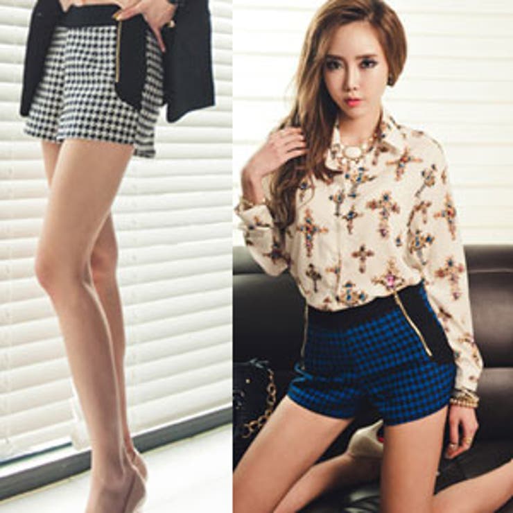 【pt7868】高級感のあるゴールドファスナーポイント千鳥格子柄ショートパンツ | KawaiCat | 詳細画像1