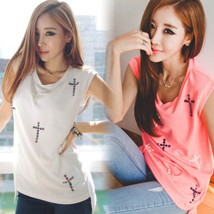 トレンドの装飾デザインでポイントを与えたクロススタッズデザインポイントカットソー… | KawaiCat | 詳細画像2