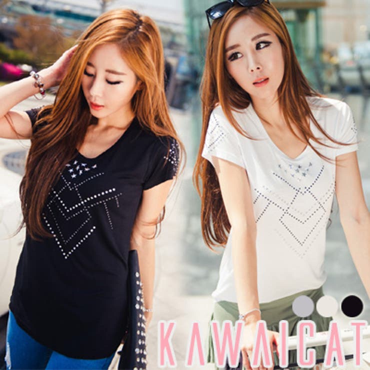 ポイントを与えたカジュアルデザインのスタッズキュービックポイントUネックTシャツ… | KawaiCat | 詳細画像1 