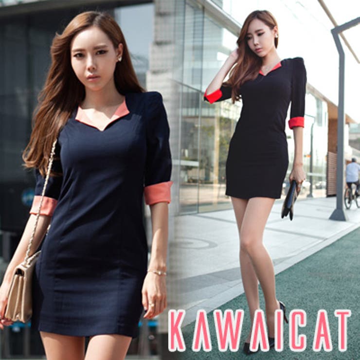 ネックラインと袖部分の配色が目を引くシックなデザインの配色ポイント7分袖シンプル… | KawaiCat | 詳細画像1