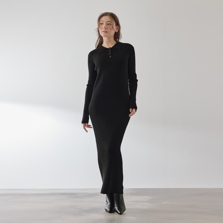 ブラック | ポロカラーリブニットワンピース≪手洗い可能≫ | QUEENS COURT