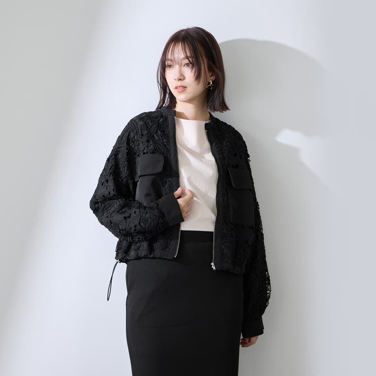 RISLEY リズレー レースブルゾン 黒 Risley（リズレー）の「ライナー付バイカラーブルゾン（ブルゾン