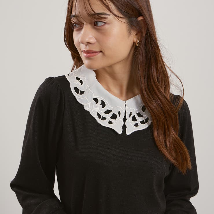 ブラック | レースカラーラメMIXカットソー≪手洗い可能≫ | QUEENS COURT