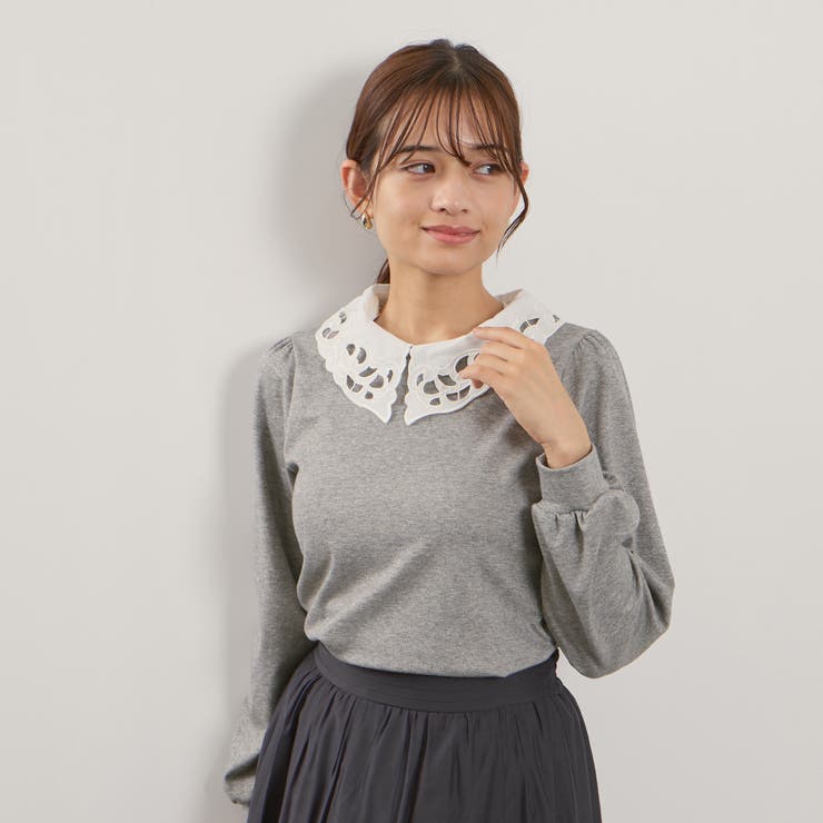 ライトグレー | レースカラーラメMIXカットソー≪手洗い可能≫ | QUEENS COURT