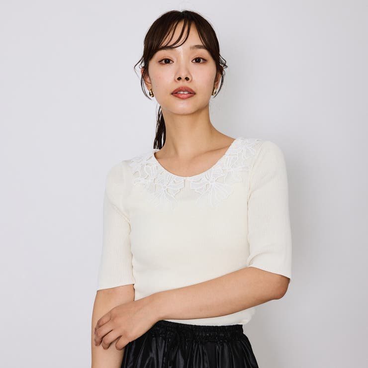 オフホワイト | リボンレースカラーリブニット≪手洗い可能≫ | QUEENS COURT