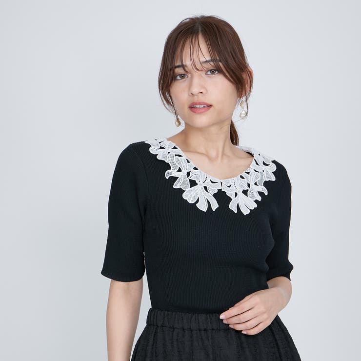 ブラック | リボンレースカラーリブニット≪手洗い可能≫ | QUEENS COURT