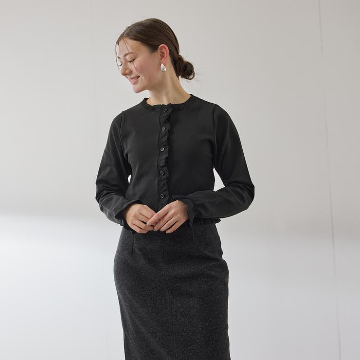 ブラック | スポンディッシュニットフリルカーディガン≪手洗い可能≫ | QUEENS COURT