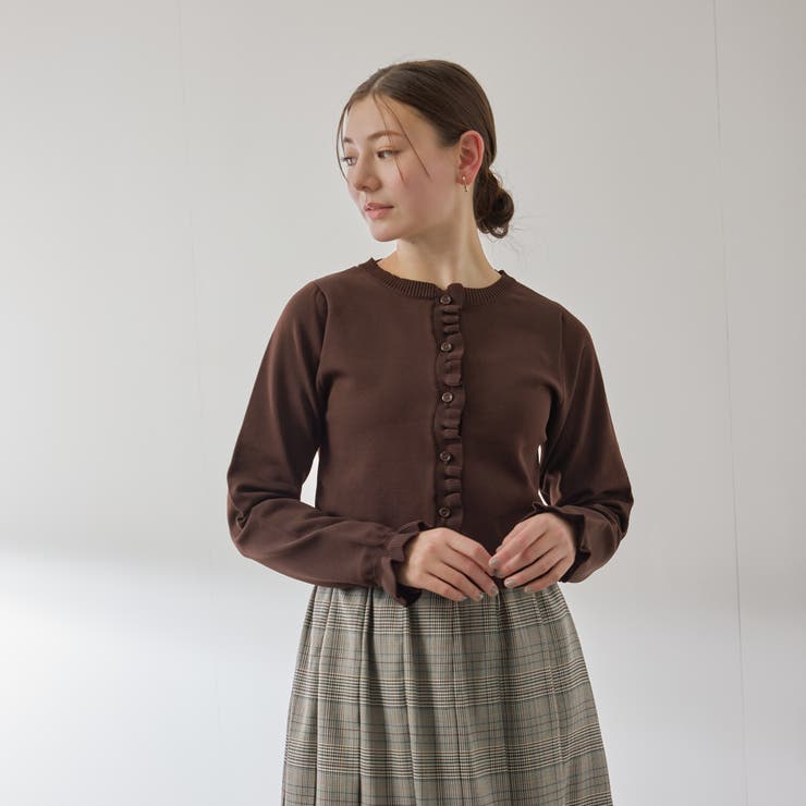 ブラウン | スポンディッシュニットフリルカーディガン≪手洗い可能≫ | QUEENS COURT
