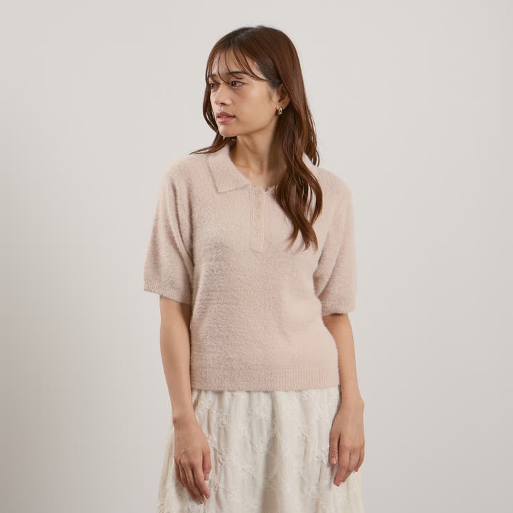 ピンク | シャギーヤーンポロニットトップス≪手洗い可能≫ | QUEENS COURT