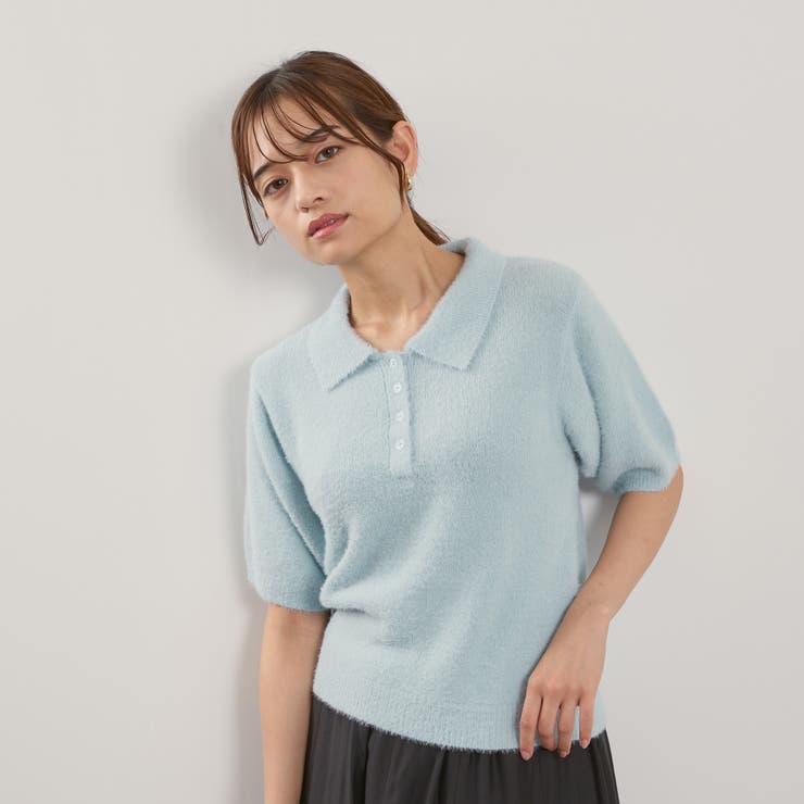 サックスブルー | シャギーヤーンポロニットトップス≪手洗い可能≫ | QUEENS COURT