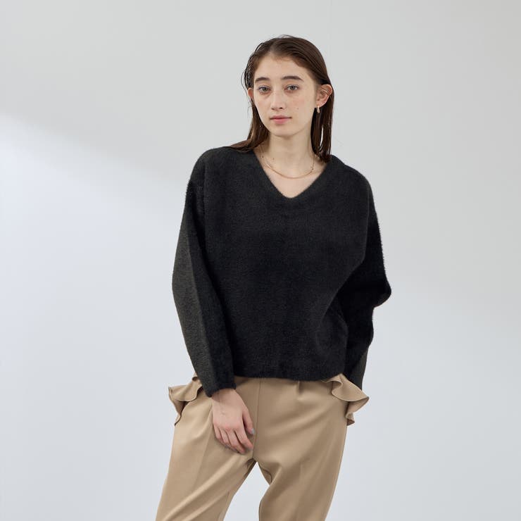 ブラック | フェレットタッチWフェイスボクシーニット≪手洗い可能≫ | QUEENS COURT