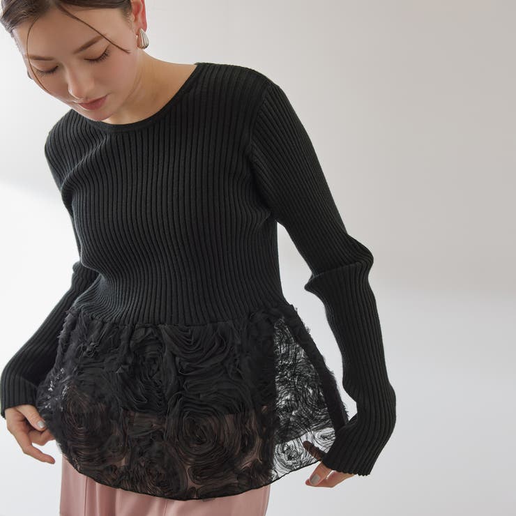 ブラック | フラワーチュールペプラムリブニット≪手洗い可能≫ | QUEENS COURT