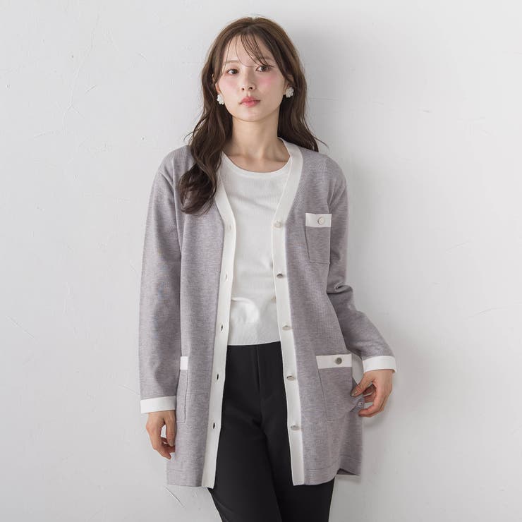 ライトグレー | ロゴ入り配色ロングカーディガン | QUEENS COURT