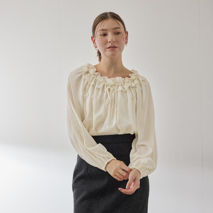 オフホワイト | フリルカラーナローリボンブラウス≪手洗い可能≫ | QUEENS COURT