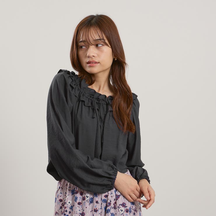 ネイビー | フリルカラーナローリボンブラウス≪手洗い可能≫ | QUEENS COURT