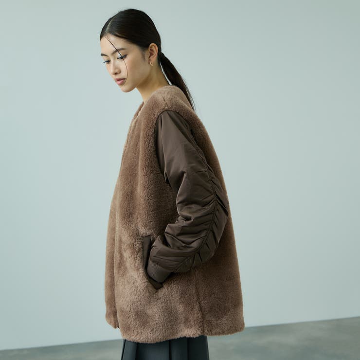 カーキ | ボア切替ノーカラーミドルコート | VICKY