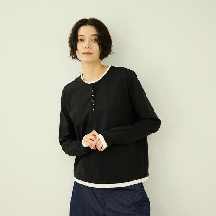 ブラック | ヘンリーネックレイヤードTシャツ | VICKY
