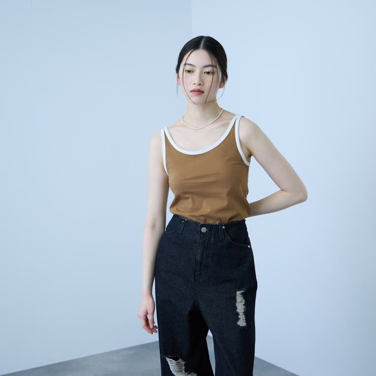 キャメル | バイカラーパイピングタンクトップ | VICKY