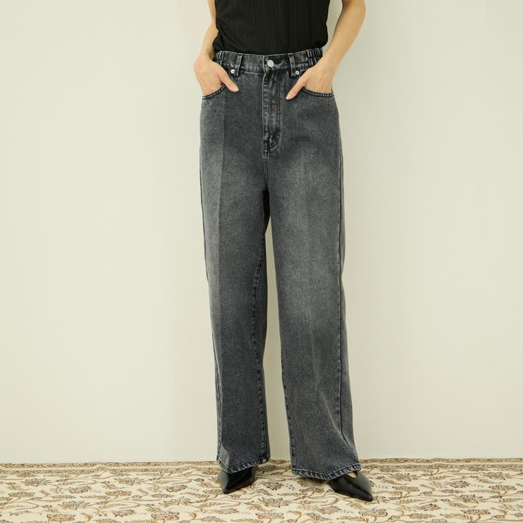 ブラック | サイドゴムセンタープレス ストレートデニムパンツ | VICKY