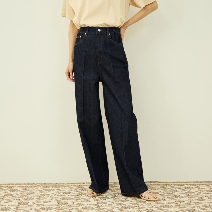 ネイビー | サイドゴムセンタープレス ストレートデニムパンツ | VICKY