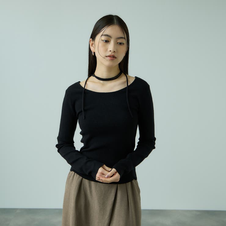 ブラック | ストリング付バレエネックリブニット≪手洗い可能≫ | VICKY