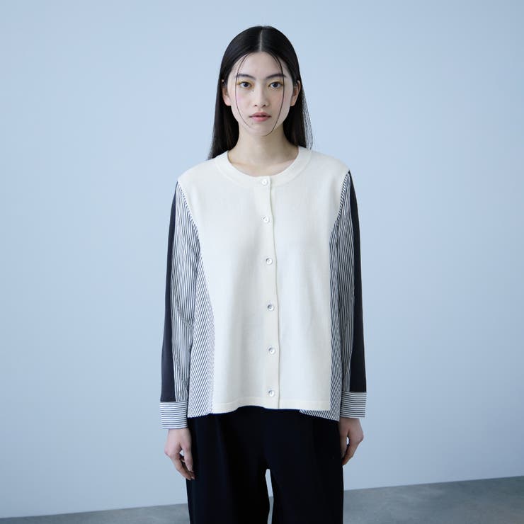 オフホワイト | 異素材切替クルーネックニットカーディガン | VICKY