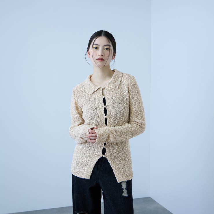 ベージュ | ＜陰影で魅せる＞ツイード風MIXスラブポロカーデ | VICKY