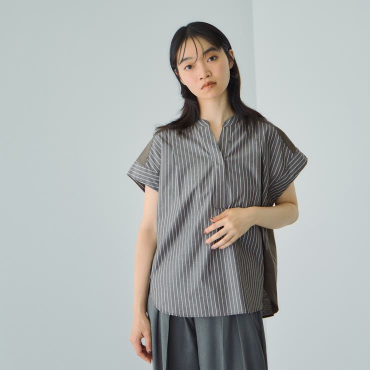 ブラウン系その他 | ストライプフェイスキーネックブラウス≪洗濯機で洗える≫ | VICKY