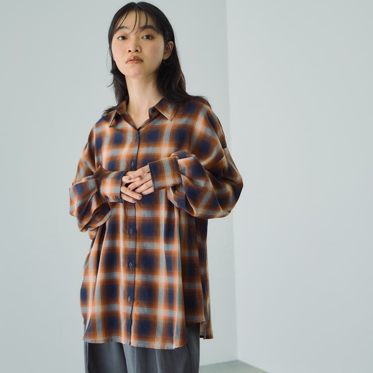 オレンジ系その他 | オンブレーチェックオーバーサイズシャツ≪手洗い可能≫ | VICKY