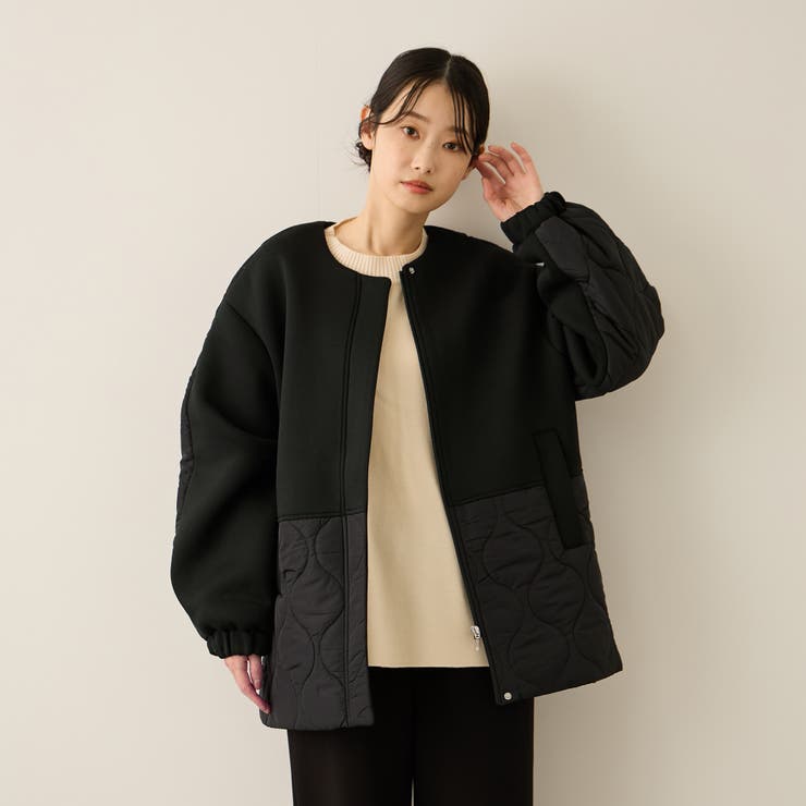 ブラック | ダンボール中綿切り替えノーカラージャケット≪手洗い可能≫ | ketty