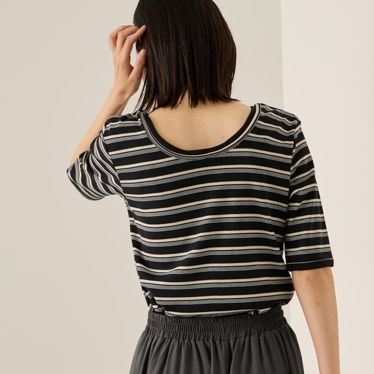 ブラック系その他 | ランダムリブボーダーハーフスリーブカットソー≪手洗い可能≫ | ketty