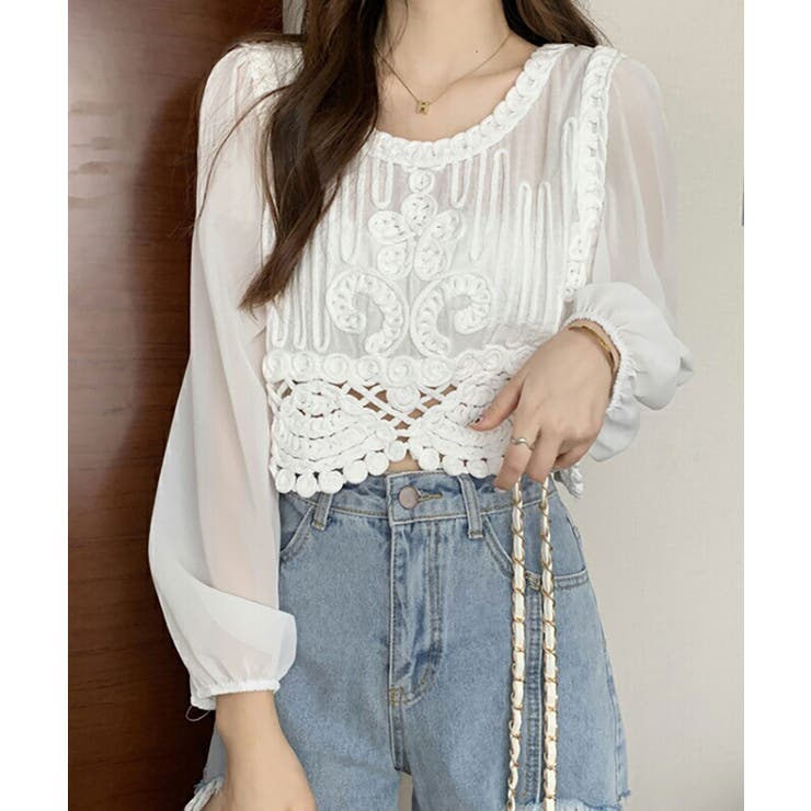 ホワイト | 切り替えレース 長袖フェミニンシャツ ブラウス | SHUSHU