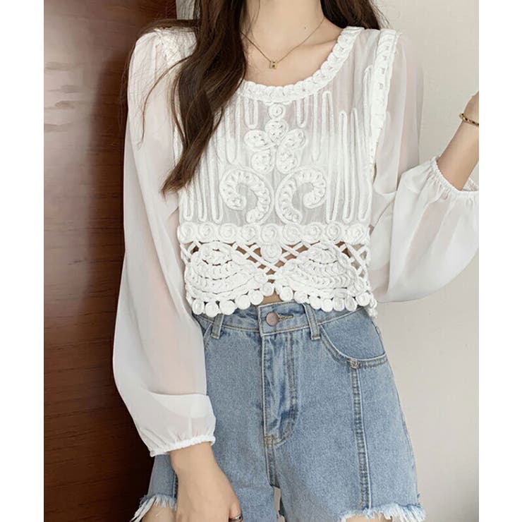 切り替えレース 長袖フェミニンシャツ ブラウス | SHUSHU | 詳細画像1 