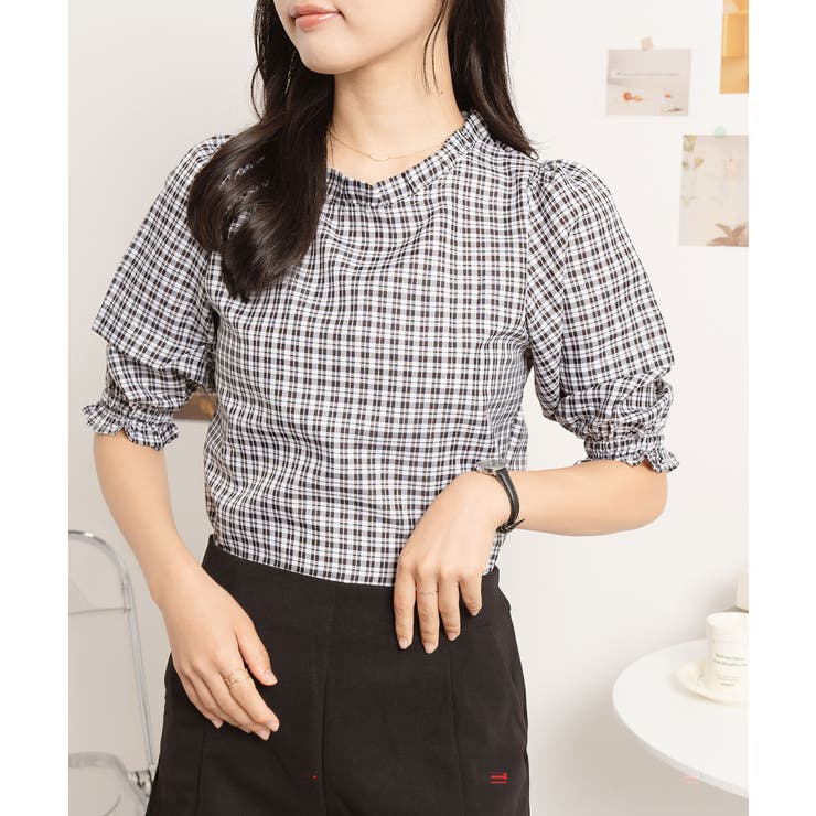 ギンガム | ギンガムチェックシャーリング5分袖ブラウス レディース トップス | SHUSHU
